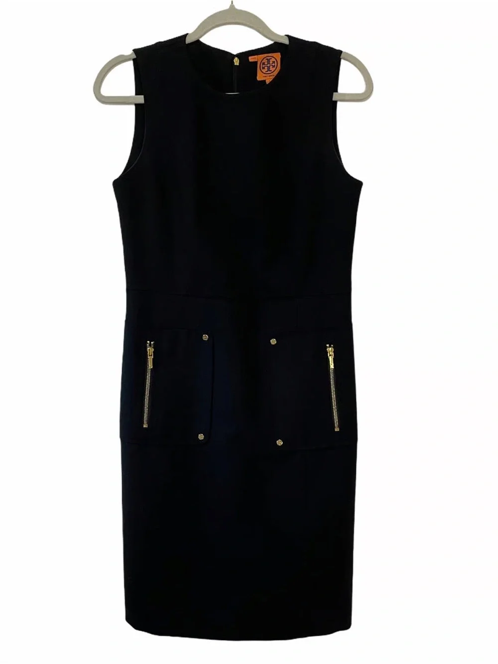 Tory Burch Petra Wood Midi Dress Black with Gold Zipper Accents